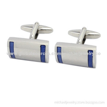 Brass Cufflinks with Blue Transparent Epoxy and White Steel Plating, Nickel-free